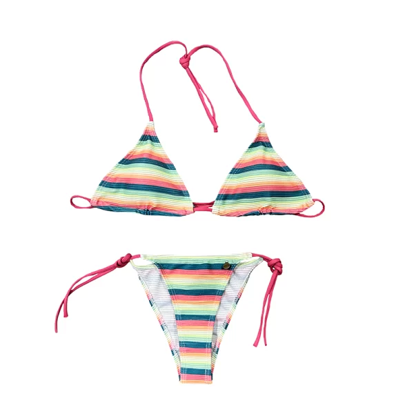 Bikini triángulo cortinilla rayas multicolor con lúrex discreto en plata y cordoncillos frambuesa.