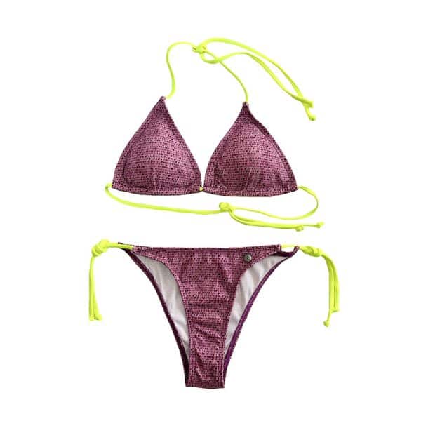 bikini de triángulo estampado rosa viejo con cordones en amarillo flúor