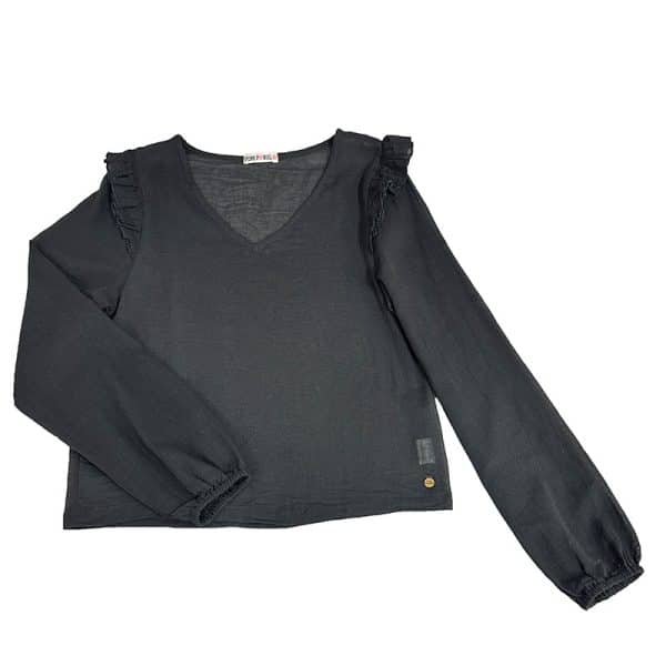 blusa antracita cuello pico y volantes en hombros