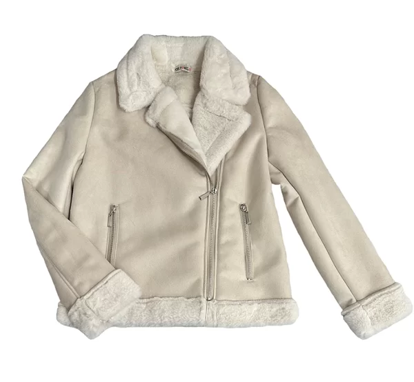 chaqueta doble faz beige con cremalleras en frontal y bolsillos en plateado