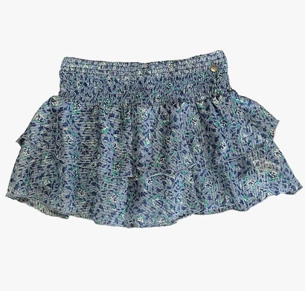 falda pantalón con dos volantes de gasa estampada azul cono hilo de lúrex y short interior