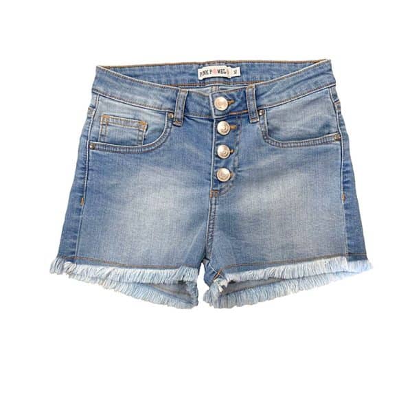 short denim azul con efecto gastado suave. cierre con botones y 3 bolsillos frontales