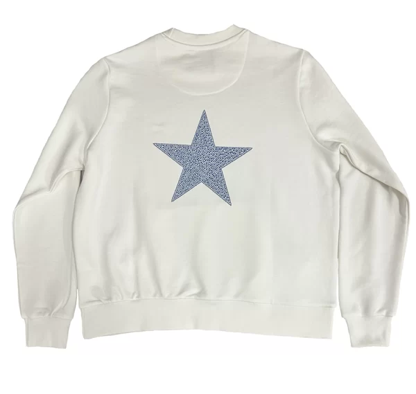 Sudadera blanco roto y bolsillo canguro con strass azul claro en frontal y espalda con estrella y texto pink pomelo. 100% algodón