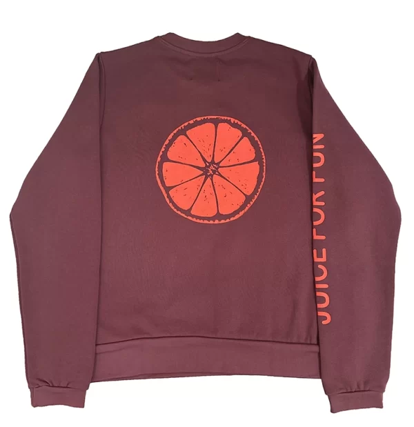 sudadera juice for fun de color berenjena con estampado en color coral flúor